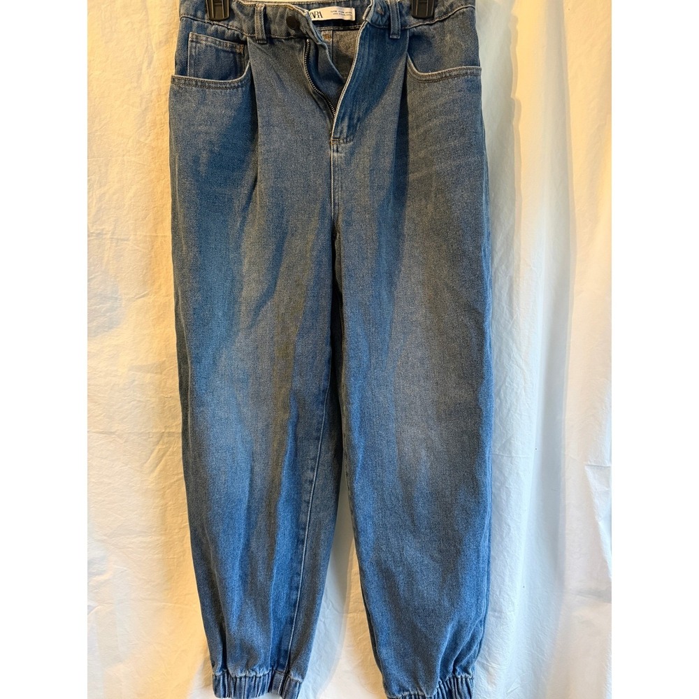 Zara Womens Blue Denim Joggers High Waisted Elastic Cuff Jeans Size4 Medium Wash